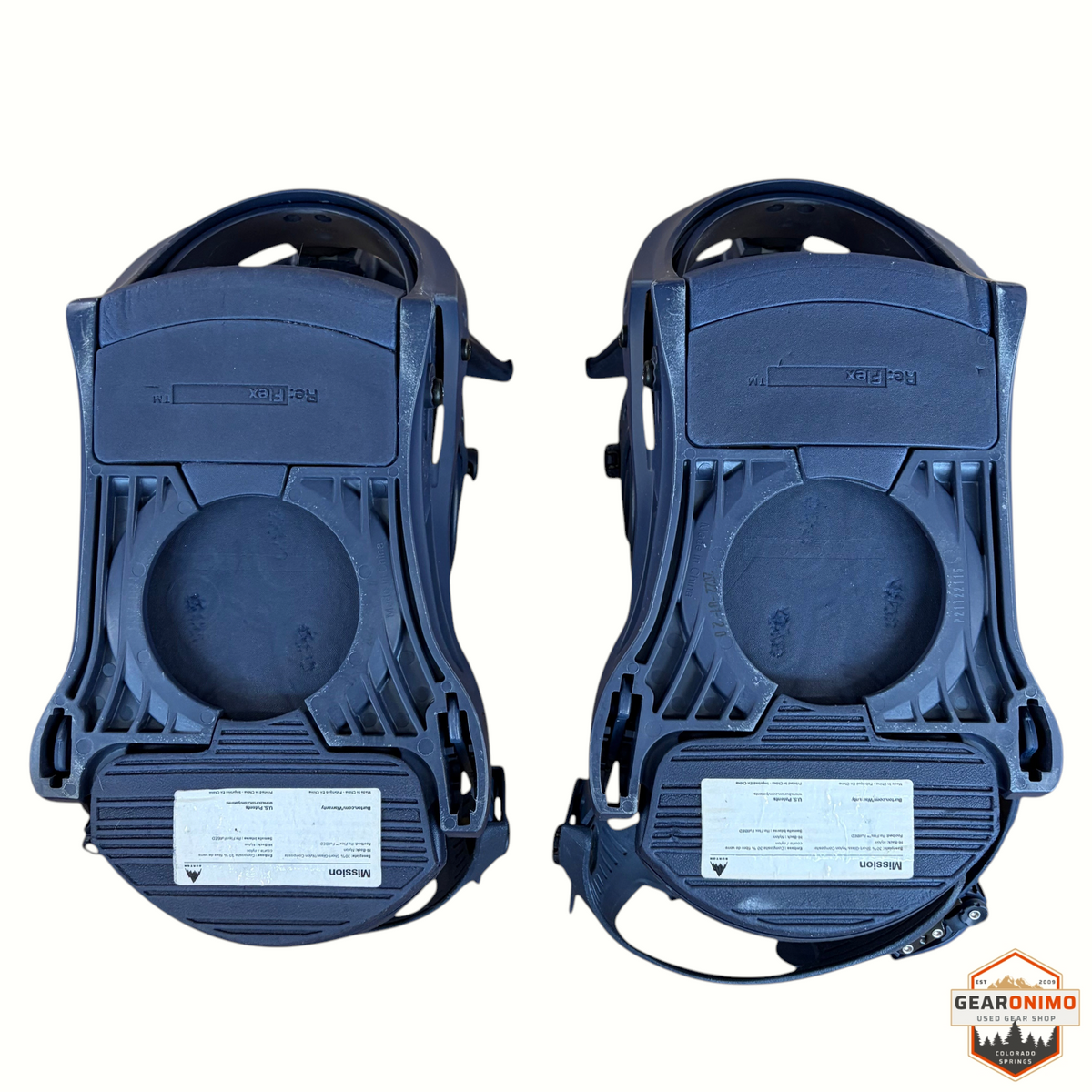 Gearonimo Sports Burton Mission snowboard bindings in black, showing the baseplate and Re:Flex mounting system