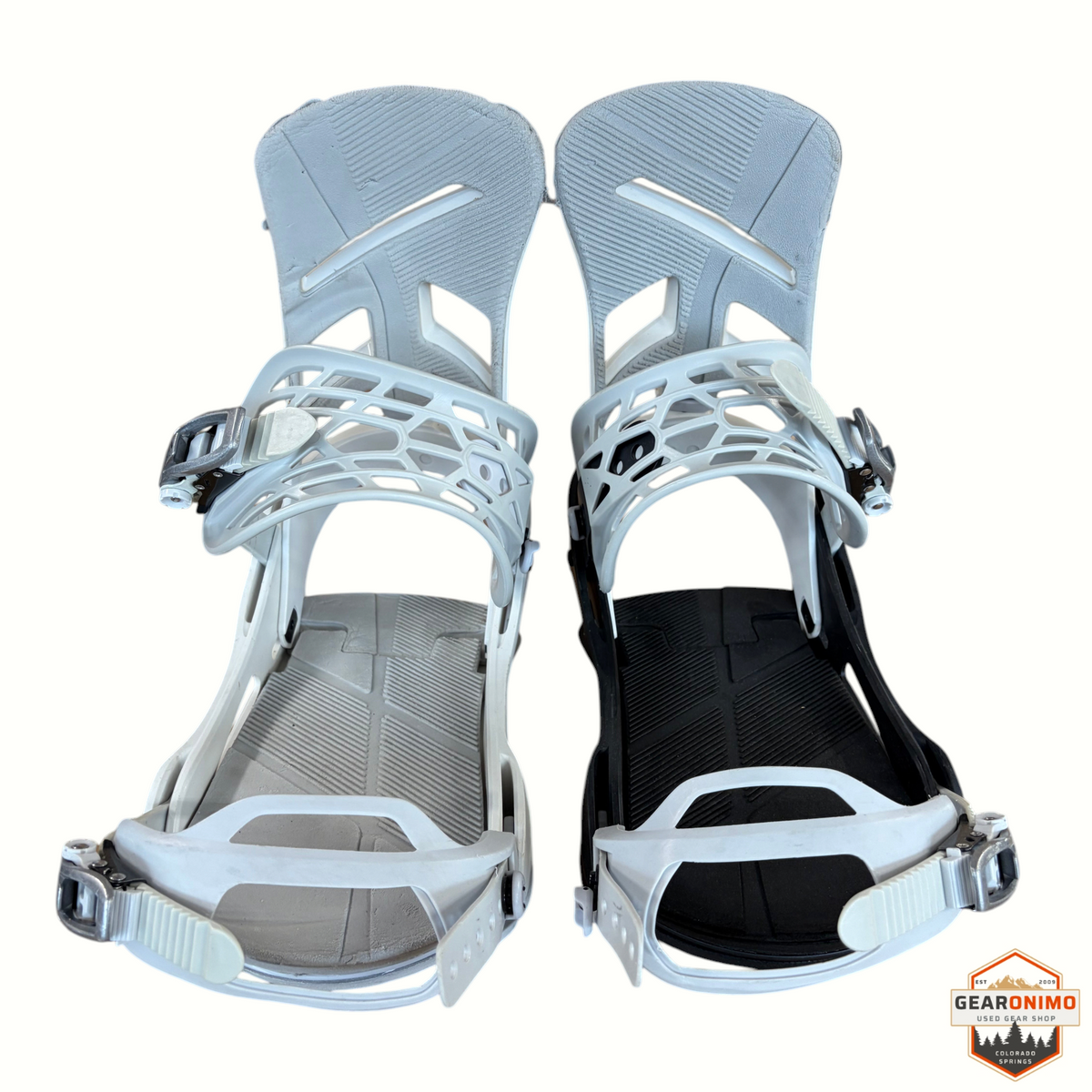 Gearonimo Sports Burton Mission snowboard bindings in white with black and grey baseplates on a white background