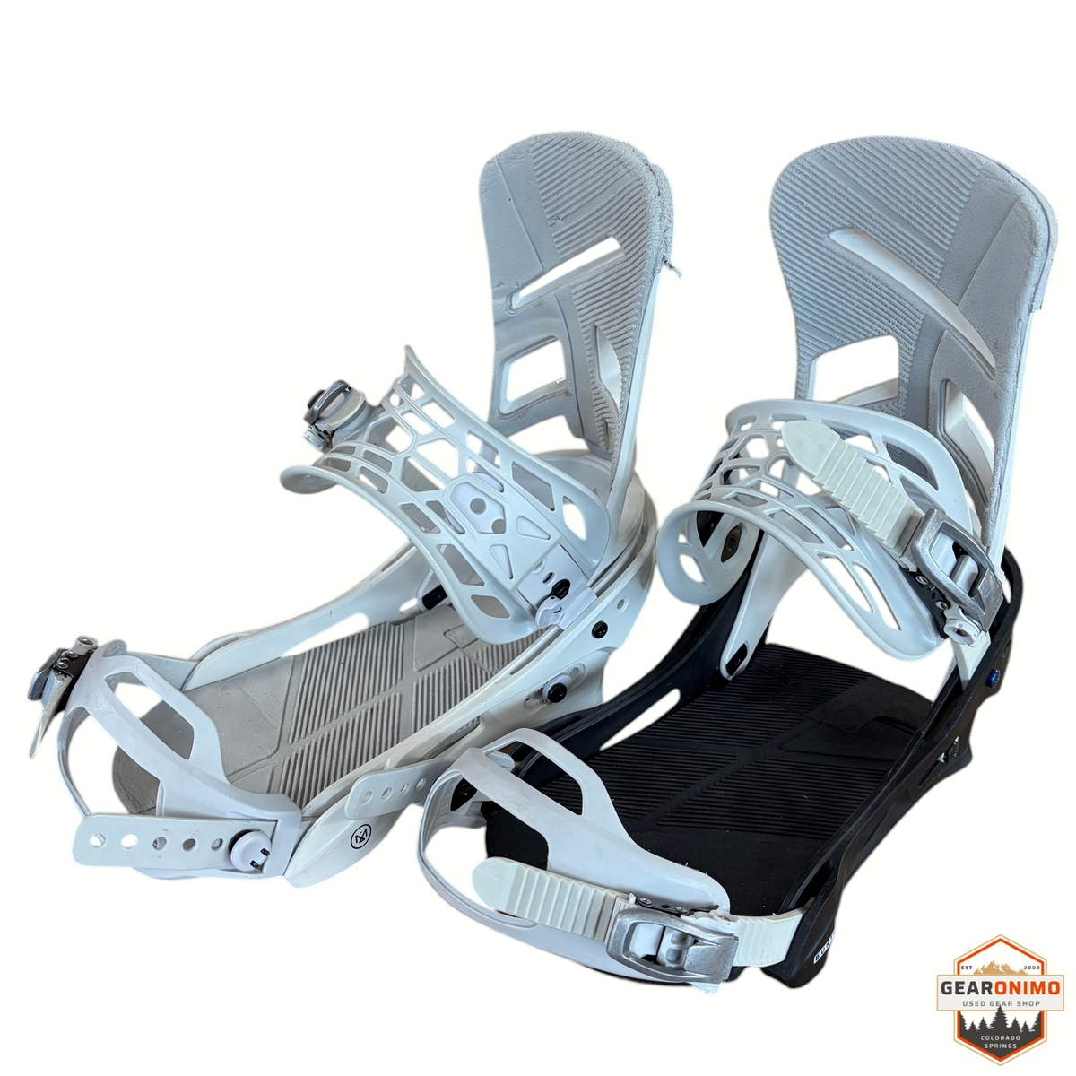 Gearonimo Sports Burton Mission snowboard bindings in white and black with adjustable straps and highbacks