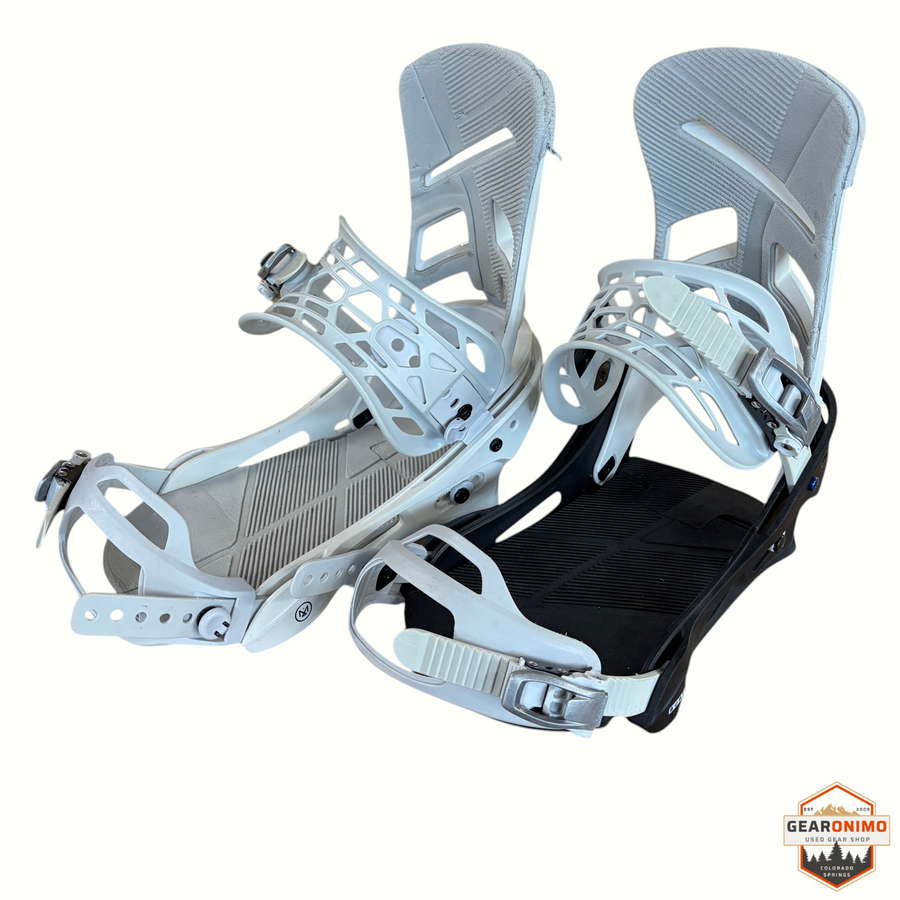 Gearonimo Sports Burton Mission snowboard bindings in white and black with adjustable straps and highback support