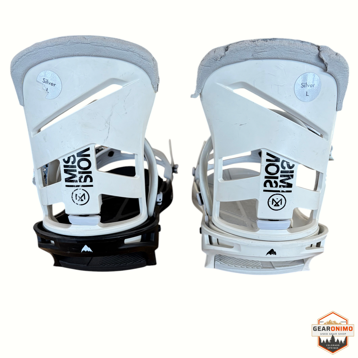 Gearonimo Sports Burton Mission snowboard bindings in white, size large, shown from the back view.
