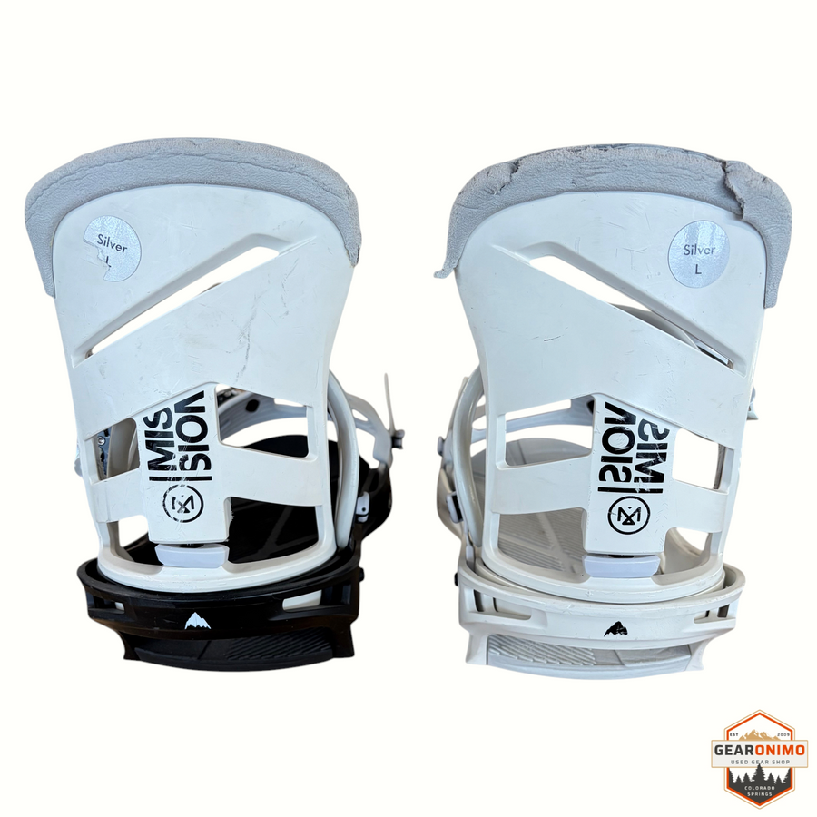 Gearonimo Sports Burton Mission snowboard bindings in white and black with size L silver labels on highbacks