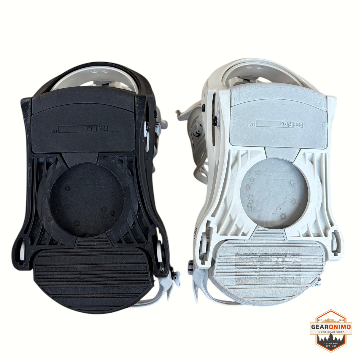 Gearonimo Sports Burton Mission snowboard bindings in black and white, size large, shown from the baseplate view.