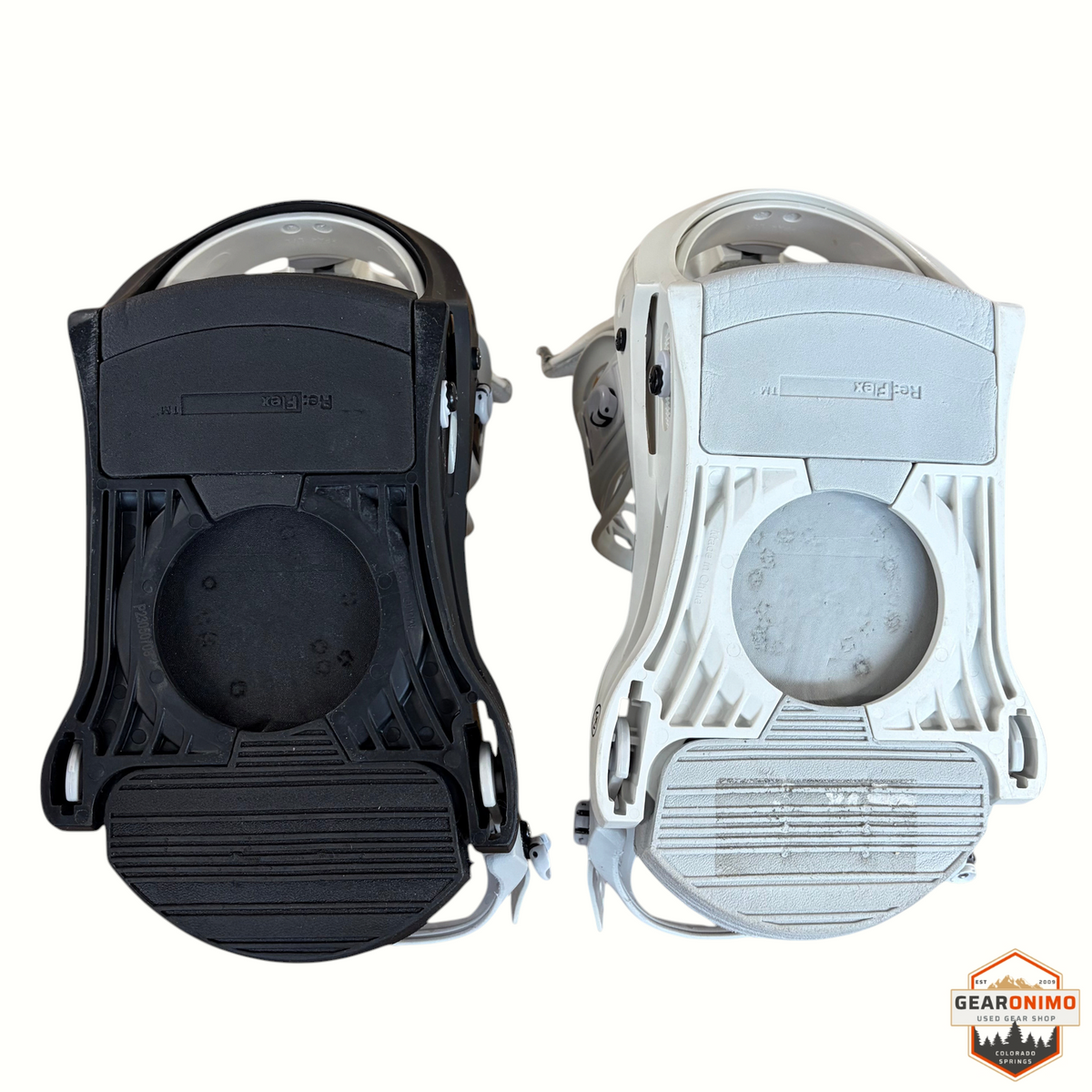 Gearonimo Sports Burton Mission snowboard bindings in black and white, featuring Re:Flex baseplates.