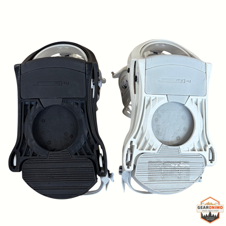 Gearonimo Sports Burton Mission snowboard bindings in black and white, featuring Re:Flex baseplates.