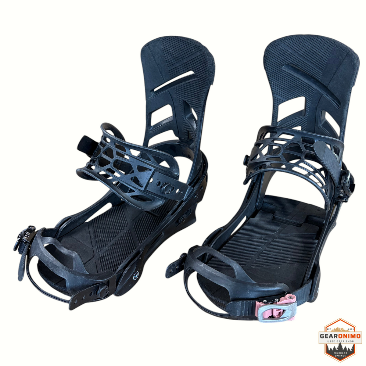 Gearonimo Sports Burton Mission snowboard bindings in black, featuring a highback and adjustable straps.