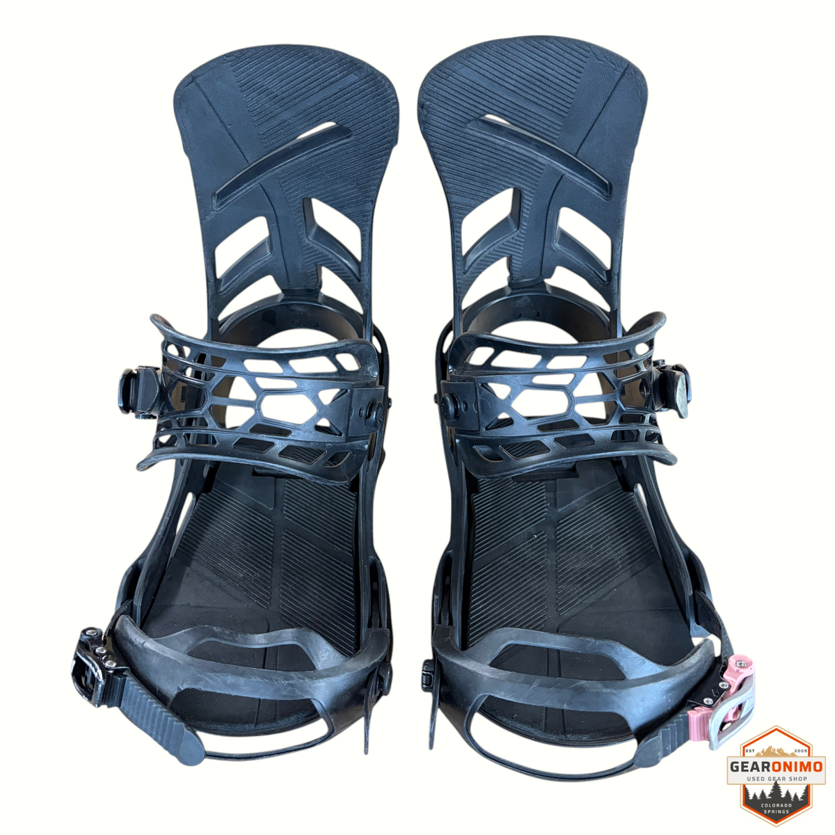 Gearonimo Sports black Burton Mission snowboard bindings with adjustable straps and highback support