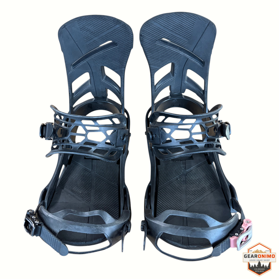 Gearonimo Sports black Burton Mission snowboard bindings with adjustable straps and highback support