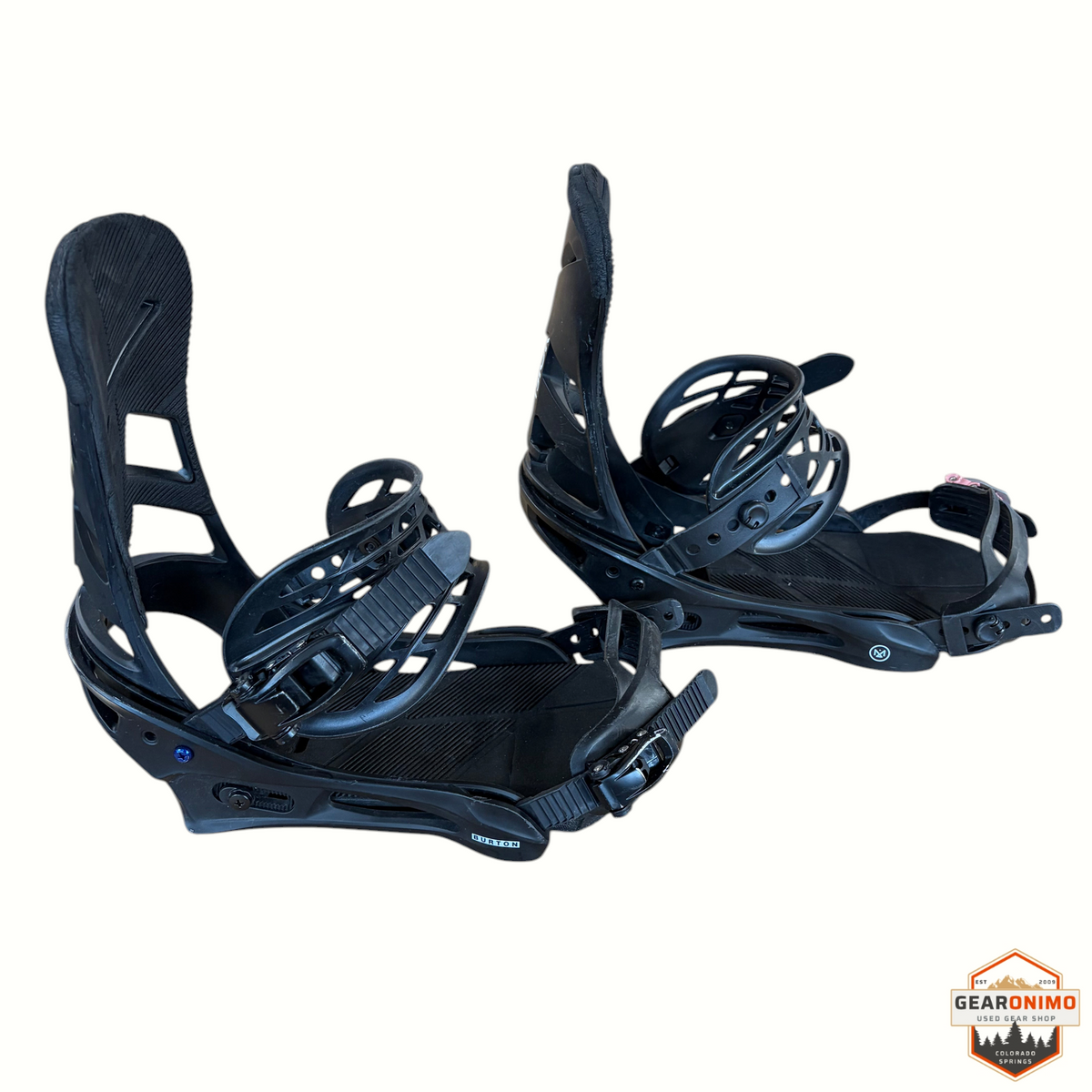 Gearonimo Sports Burton Mission snowboard bindings in black, size large, featuring durable straps and highbacks.