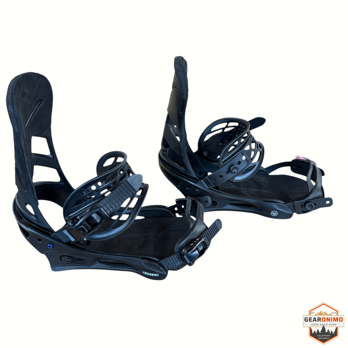Gearonimo Sports black Burton Mission snowboard bindings with adjustable straps and highback support
