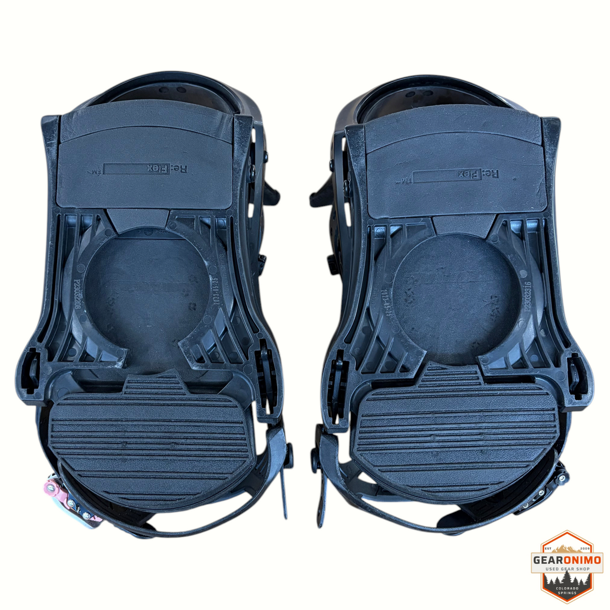 Gearonimo Sports Burton Mission snowboard bindings in black, size large, featuring Re:Flex baseplate technology.