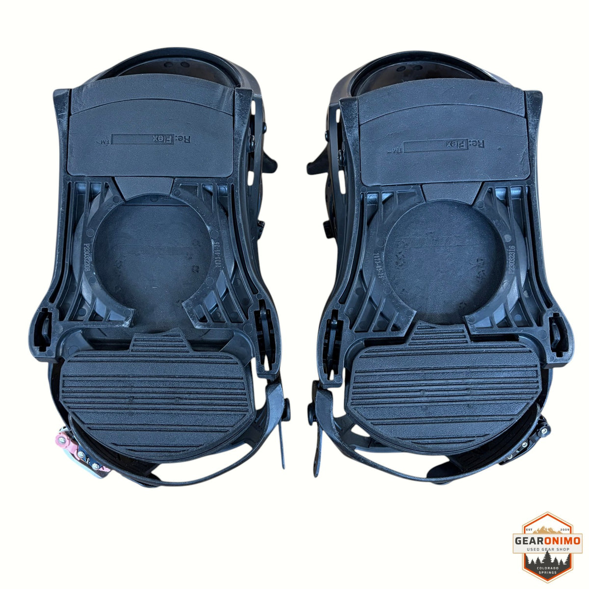 Gearonimo Sports black Burton Mission snowboard bindings with Re:Flex baseplates viewed from above