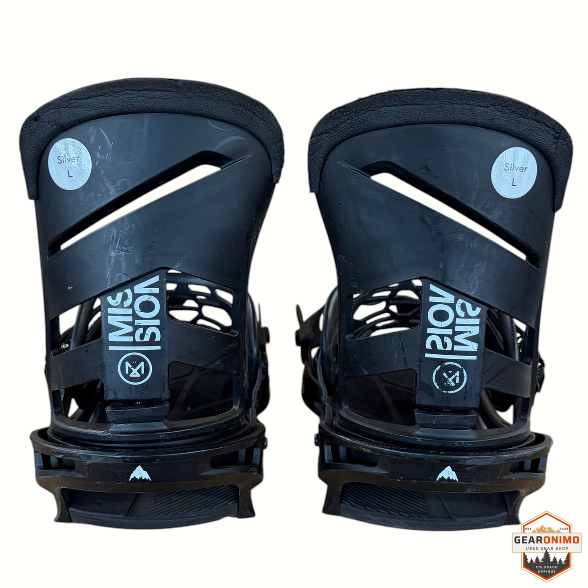 Gearonimo Sports Burton Mission snowboard bindings in black, size large, shown from the rear view.