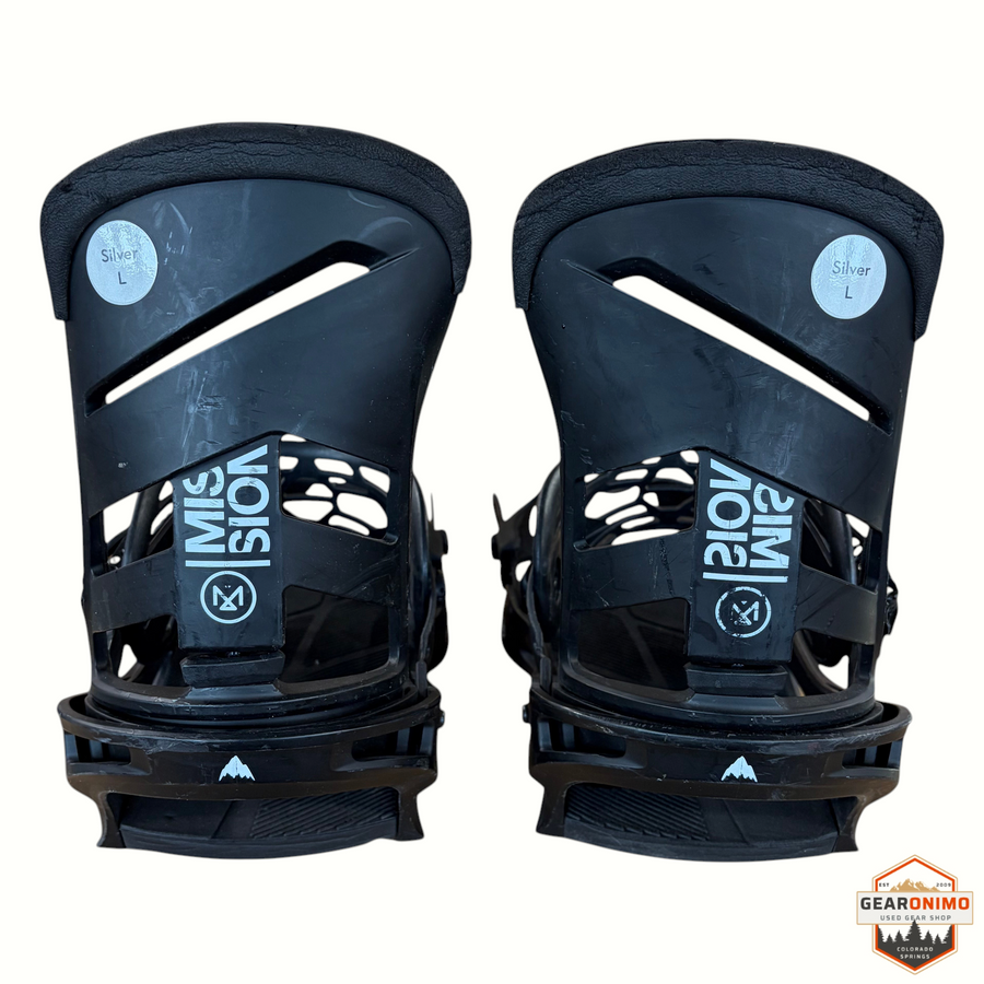 Gearonimo Sports Burton Mission snowboard bindings in black, rear view showing highbacks and size L labels