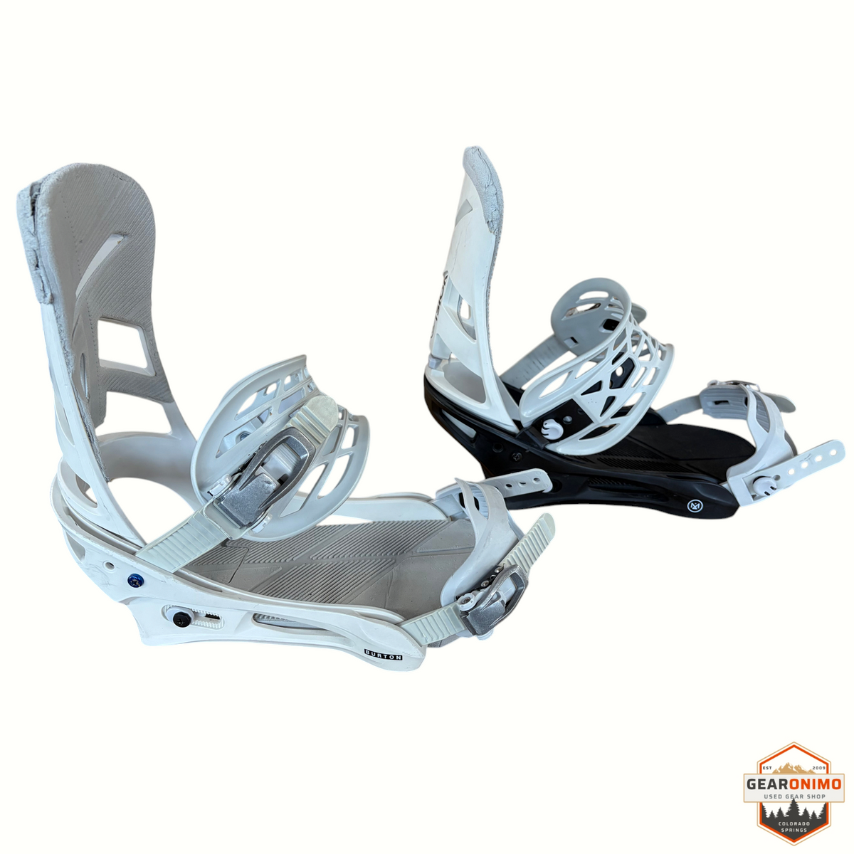 Gearonimo Sports Burton Mission snowboard bindings in white with black baseplate and adjustable straps
