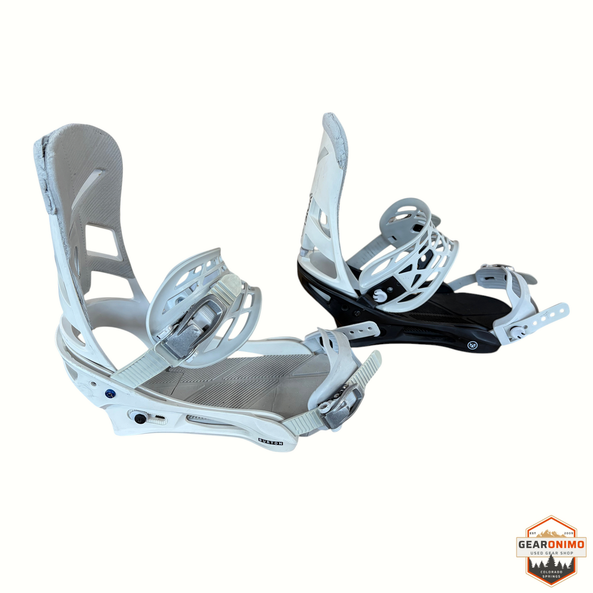 Gearonimo Sports Burton Mission snowboard bindings in white and black with adjustable straps and highback support