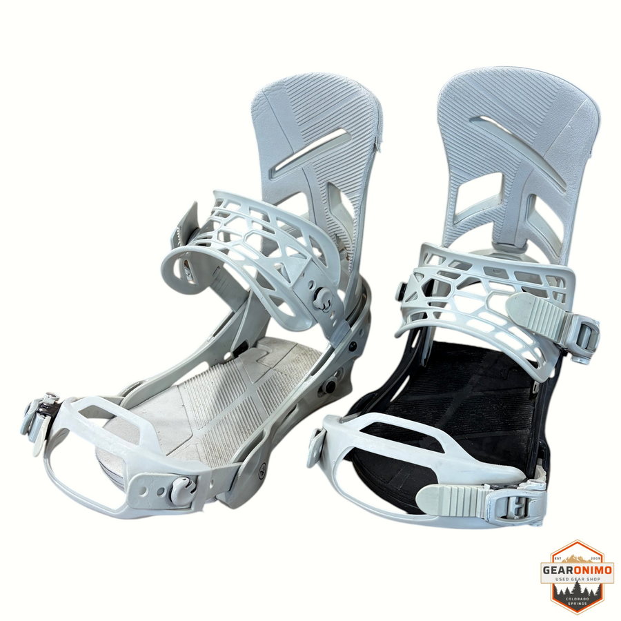 Gearonimo Sports Burton Mission snowboard bindings in light grey with black footbeds and adjustable ratcheting straps.