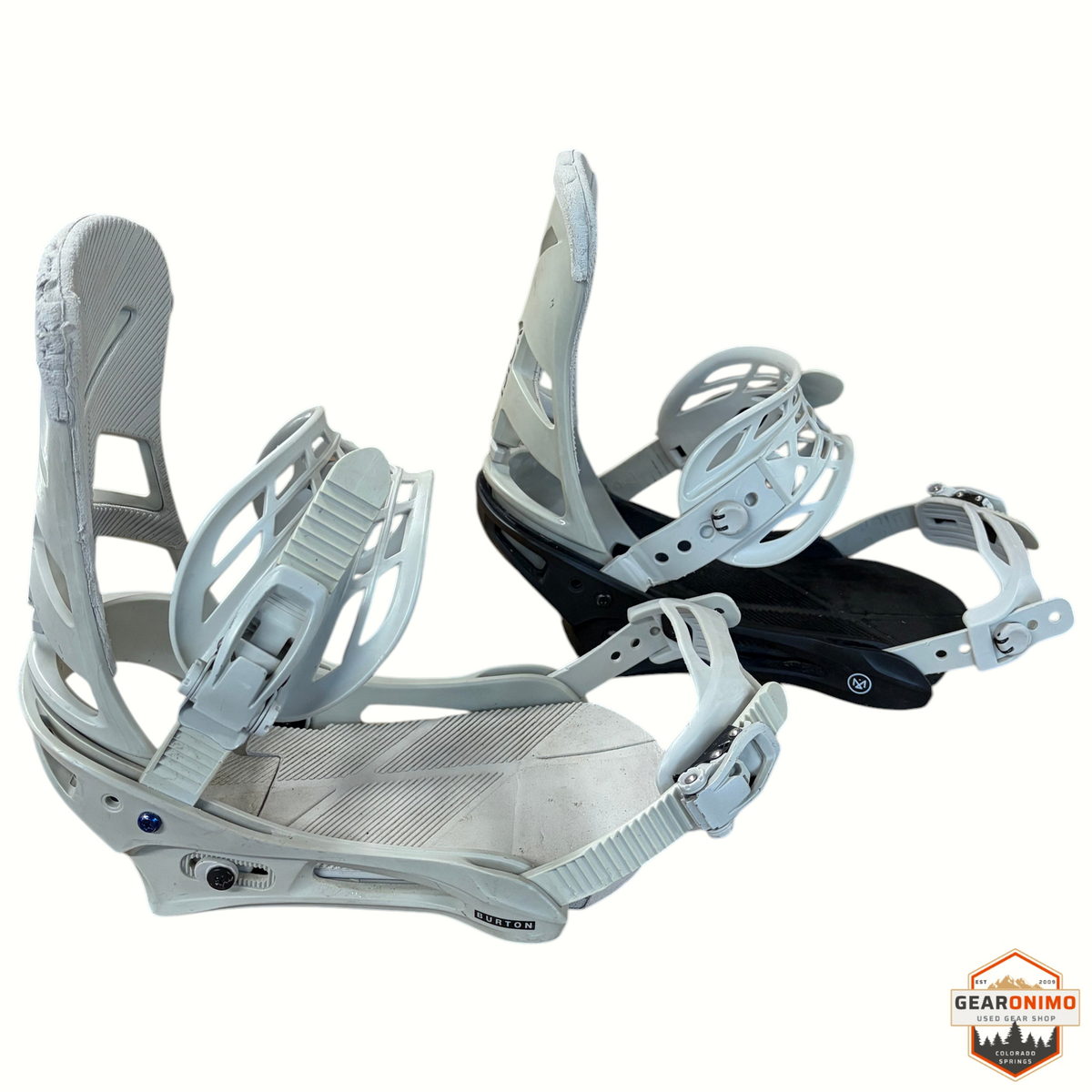 Gearonimo Sports Burton Mission snowboard bindings in white, size medium, showing front and side profile views.