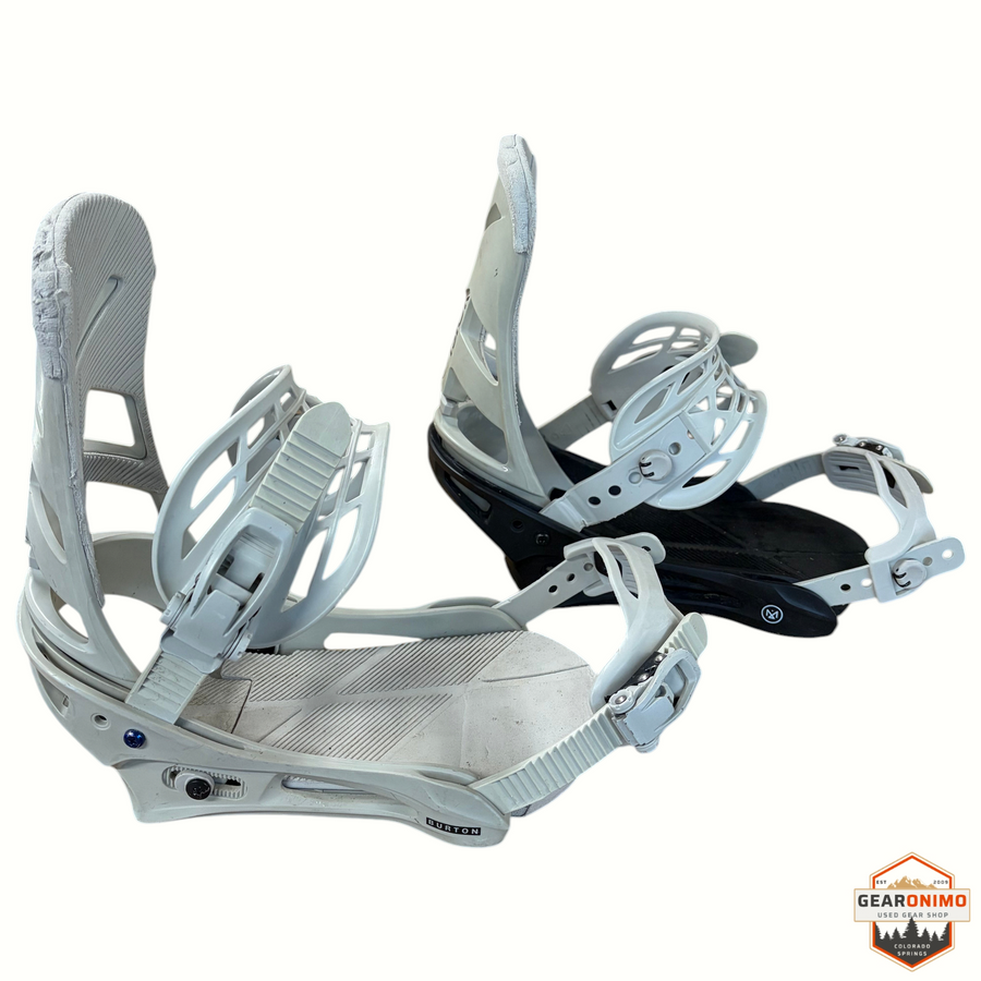 Gearonimo Sports Burton Mission snowboard bindings in white, size medium, showing front and side profile views.