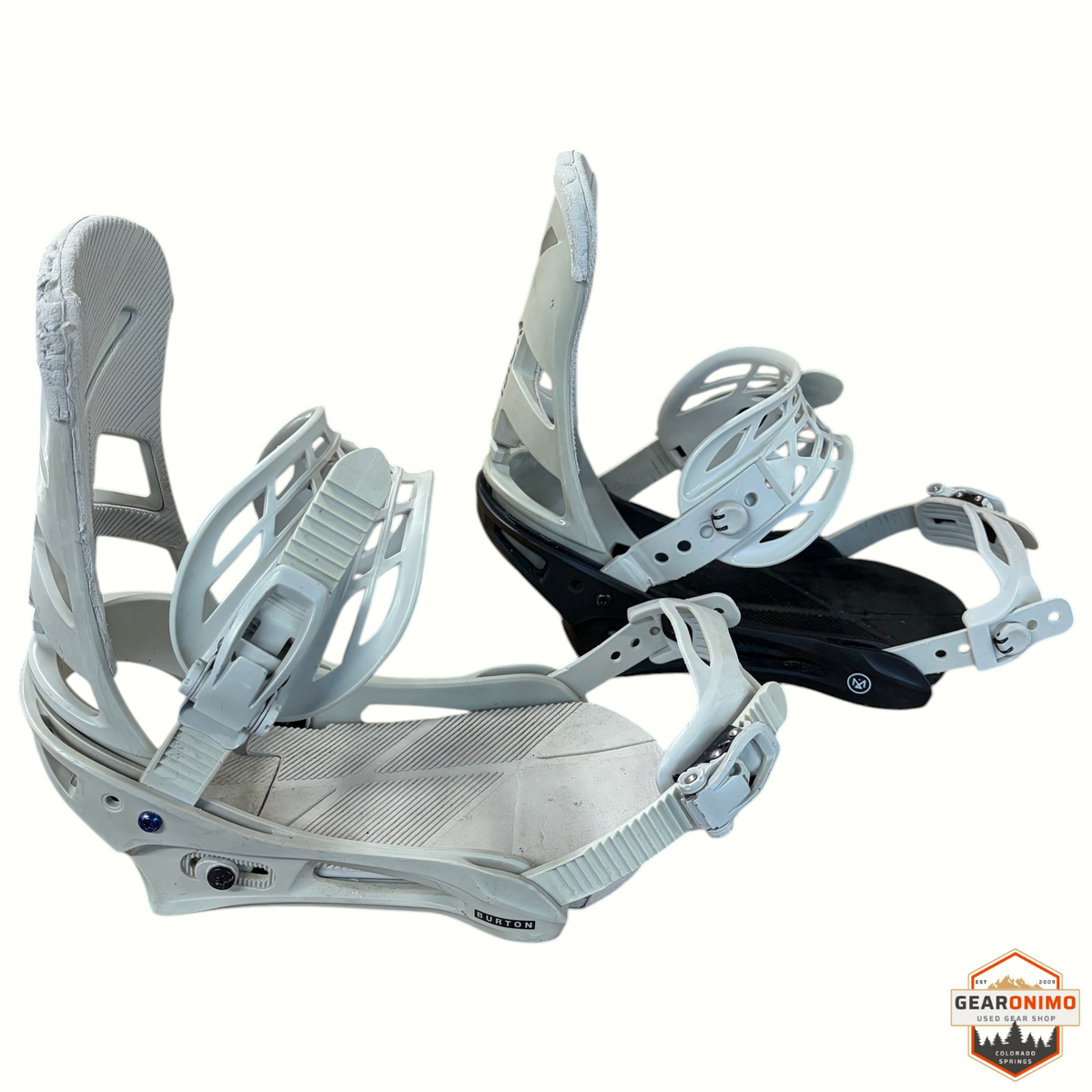 Gearonimo Sports Burton Mission snowboard bindings in light grey with adjustable straps and highback support