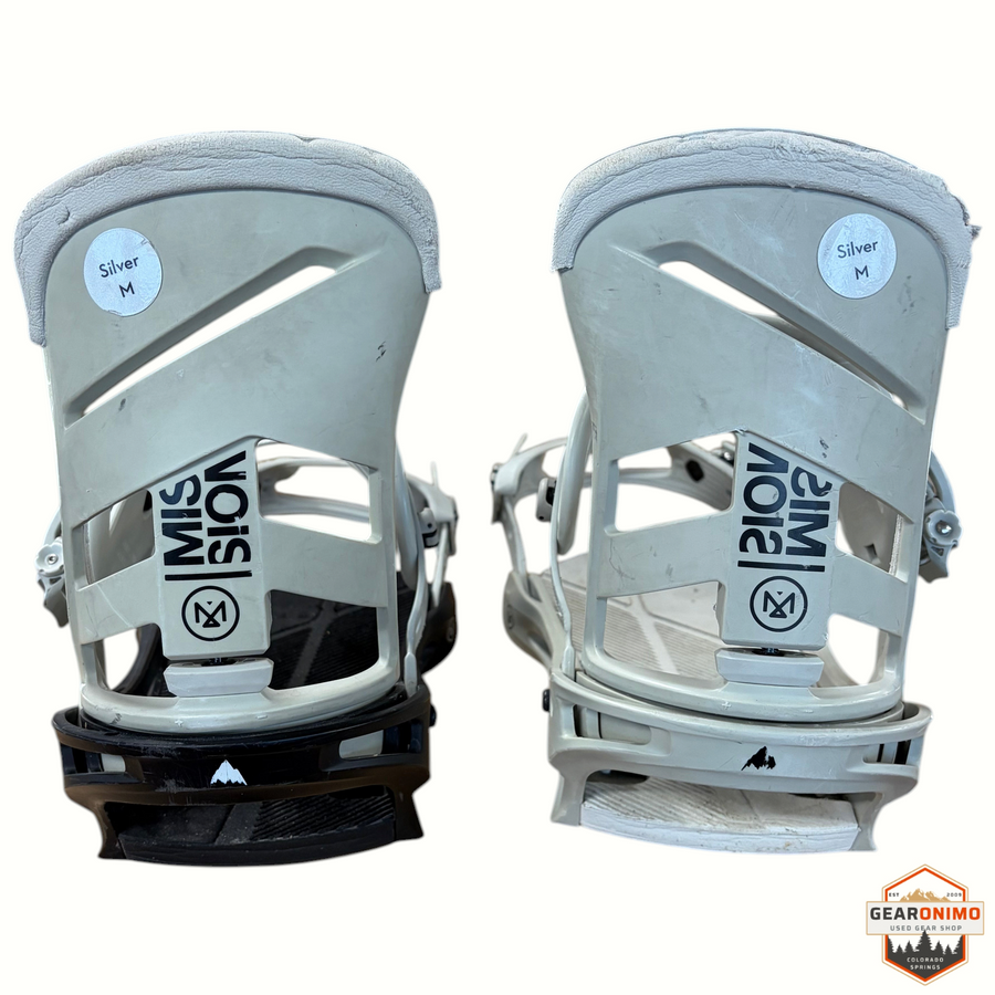 Gearonimo Sports Burton Mission snowboard bindings in white and black, size medium, rear view showing highbacks