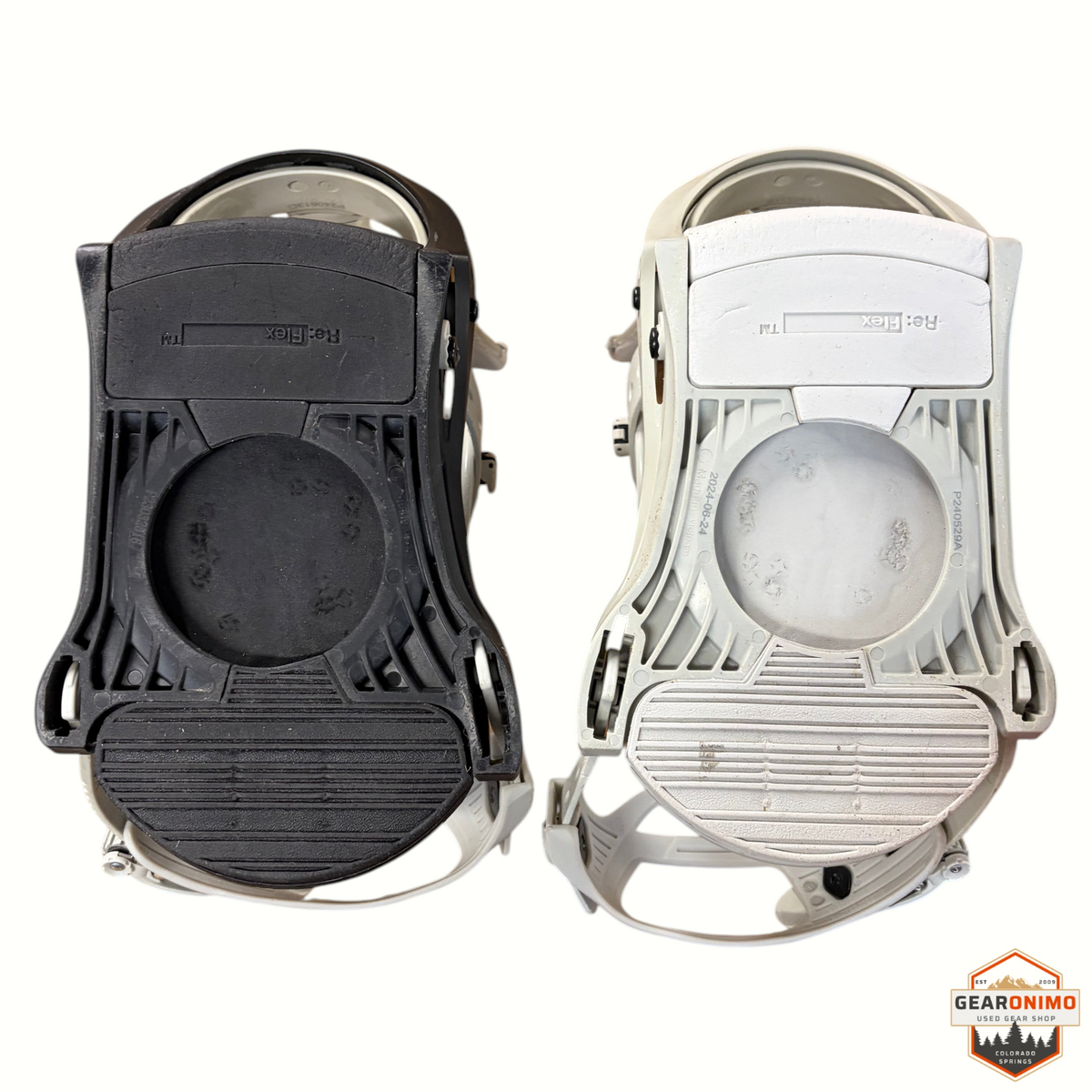 Gearonimo Sports Burton Mission snowboard bindings featuring black and grey Re:Flex baseplates from a top-down view.