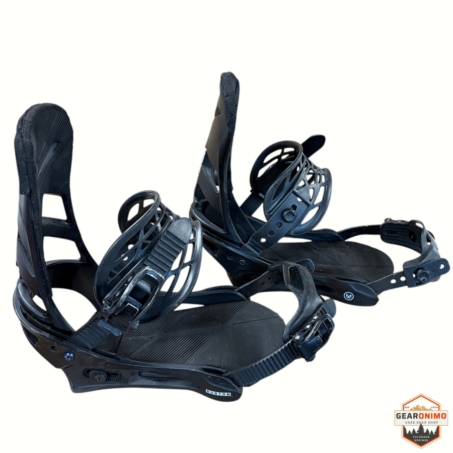 Gearonimo Sports Burton Mission snowboard bindings in black, size medium, featuring durable straps and highbacks.
