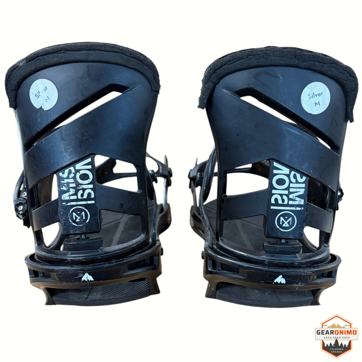 Gearonimo Sports Burton Mission snowboard bindings in black, size medium, shown from the back view.