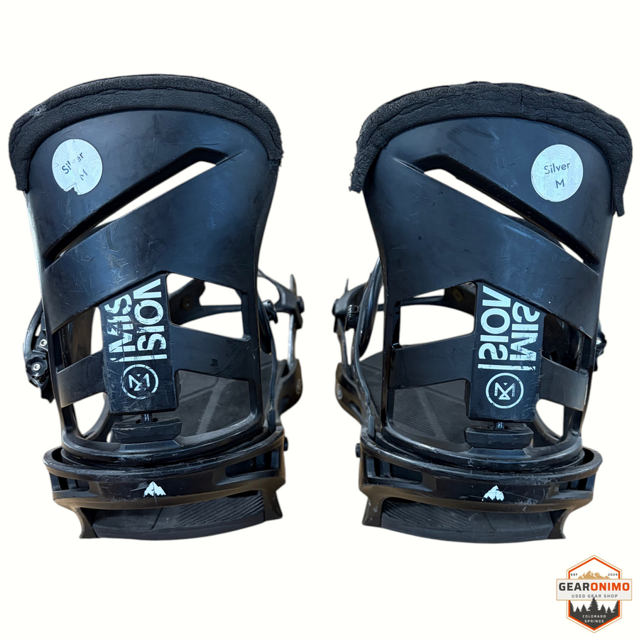 Gearonimo Sports Burton Mission snowboard bindings in black, size medium, shown from the back view.