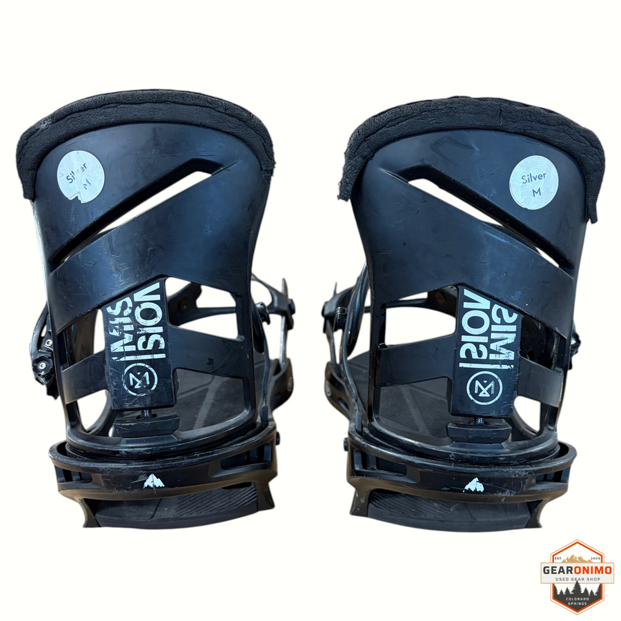 Gearonimo Sports black Burton Mission snowboard bindings with highback support and size M silver stickers