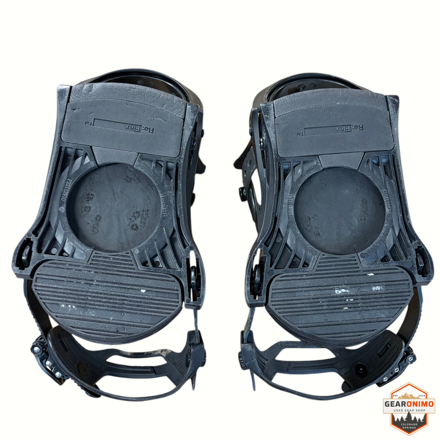 Gearonimo Sports Burton Mission snowboard bindings in black with Re:Flex baseplates shown from the bottom view
