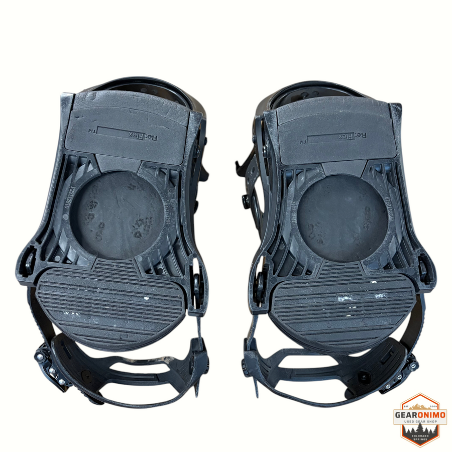 Gearonimo Sports Burton Mission snowboard bindings in black, featuring Re:Flex baseplates for versatile mounting.