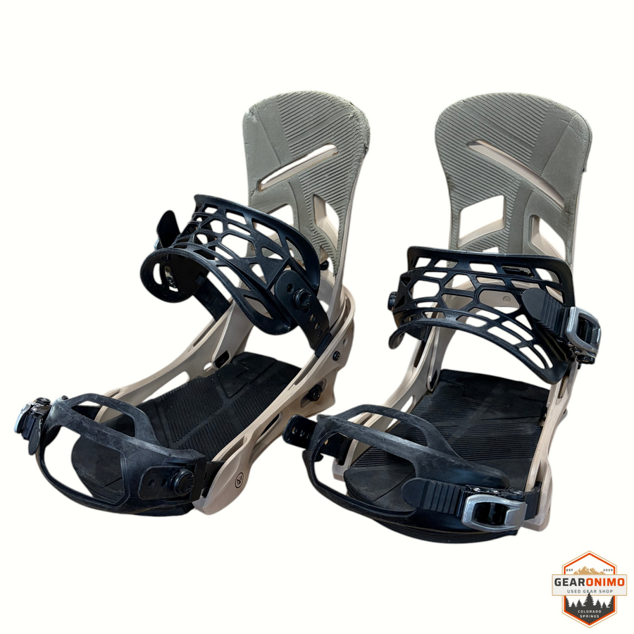Gearonimo Sports Burton Mission snowboard bindings in beige and black, size large, showing straps and highbacks.