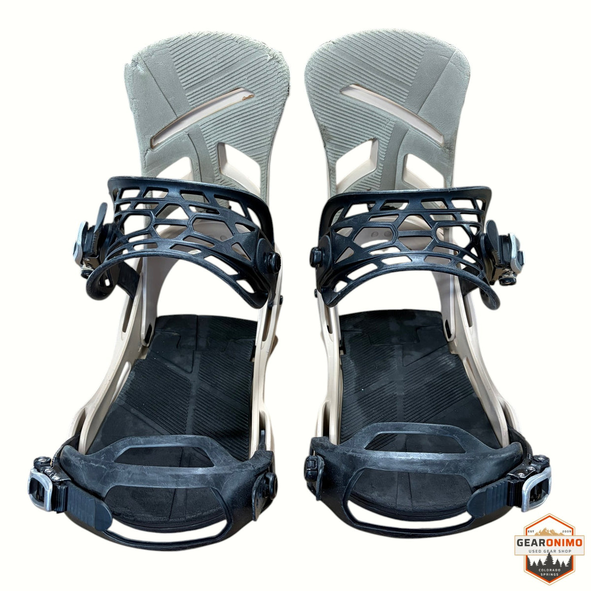 Gearonimo Sports Burton Mission snowboard bindings in beige and black, size large, featuring durable ratcheting straps.