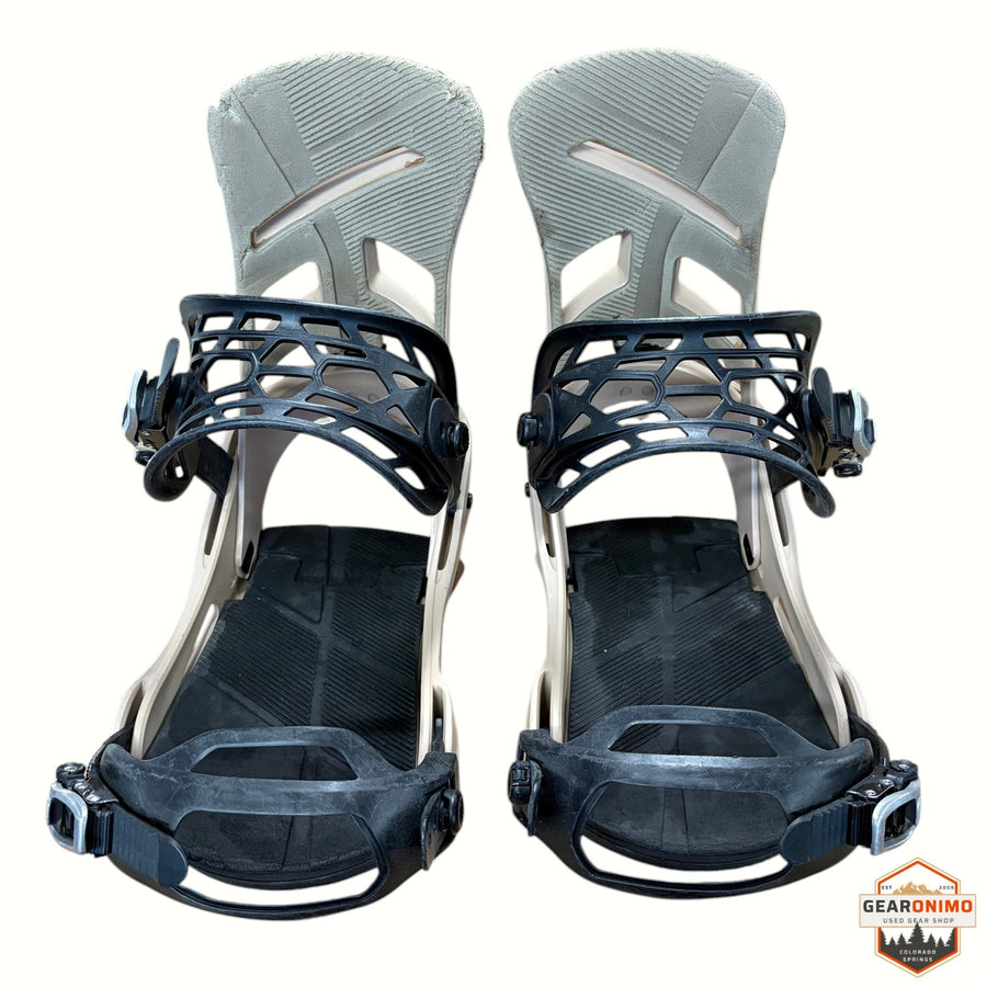 Gearonimo Sports Burton Mission snowboard bindings in beige and black, size large, featuring durable ratcheting straps.