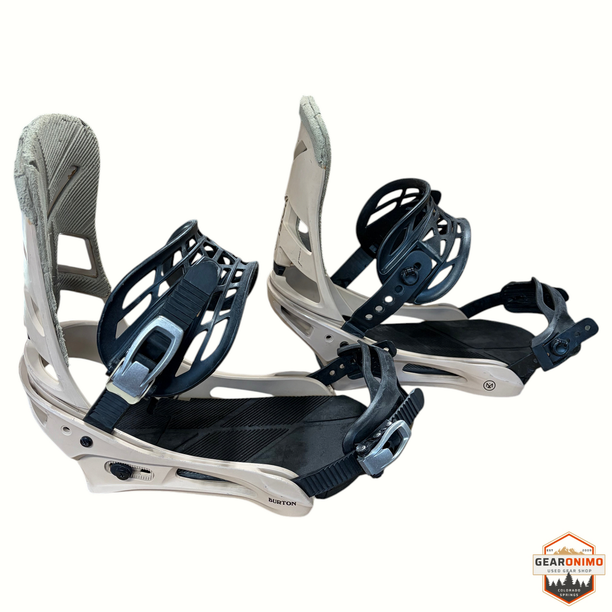Gearonimo Sports Burton Mission snowboard bindings in beige and black, size large, featuring durable ratcheting straps.