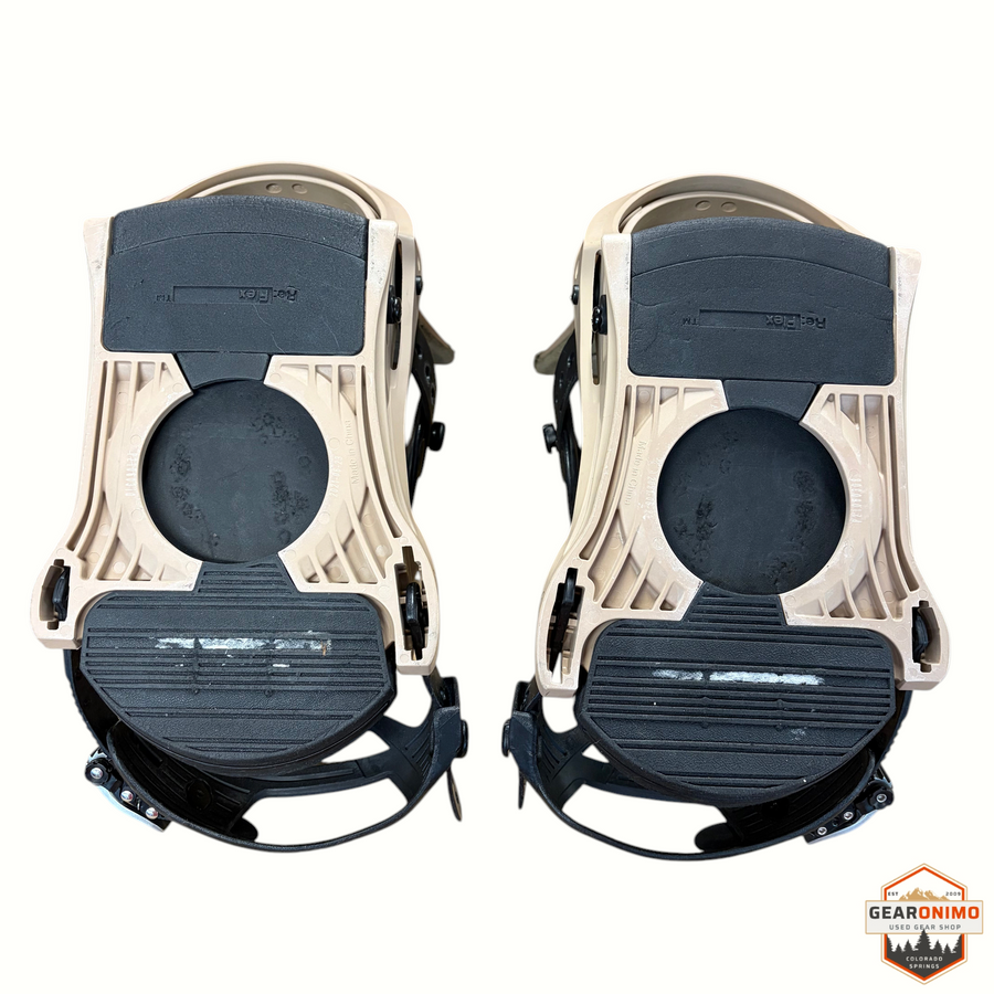 Gearonimo Sports Burton Mission snowboard bindings in tan and black, size large, shown from a top-down view.