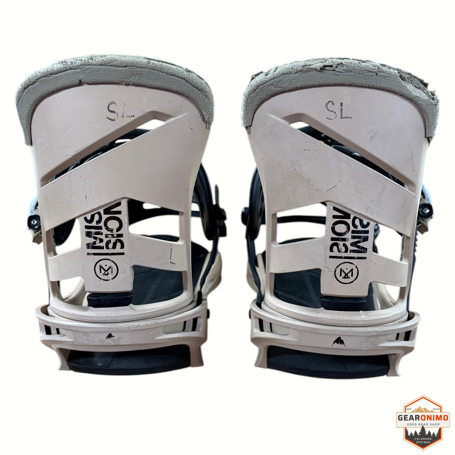 Gearonimo Sports Burton Mission snowboard bindings in size large, featuring a beige highback design
