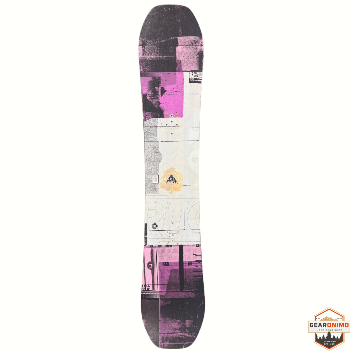 Gearonimo Sports Burton Radius snowboard with a pink and black graphic topsheet design on a white background