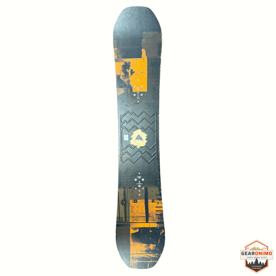 Gearonimo Sports Burton Radius snowboard with a black and yellow graphic design, featuring a true twin rocker shape.
