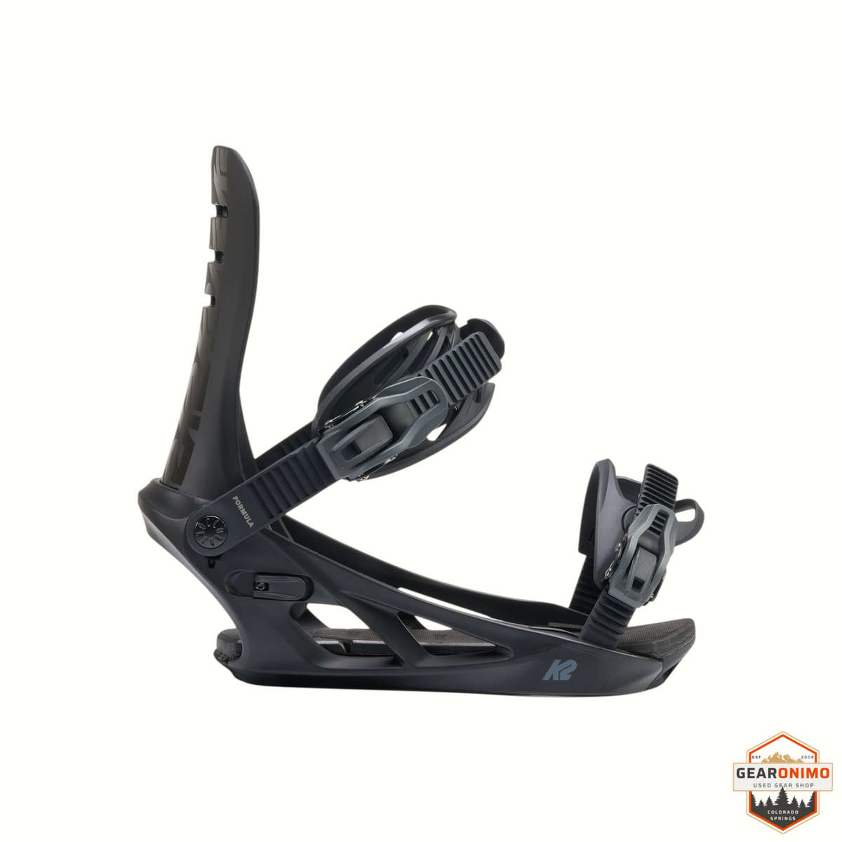 Gearonimo Sports K2 Formula snowboard bindings in black with a medium flex AT nylon highback and ProFusion chassis.
