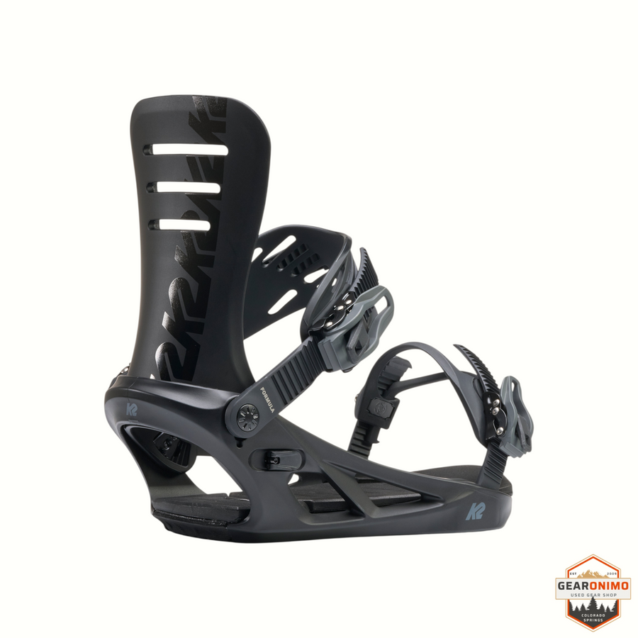 Gearonimo Sports K2 Formula snowboard bindings in matte black with AT Nylon highback and ProFusion chassis.