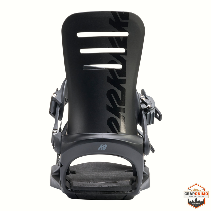 Gearonimo Sports K2 Formula snowboard bindings in black, showing the AT Nylon highback and ProFusion chassis.