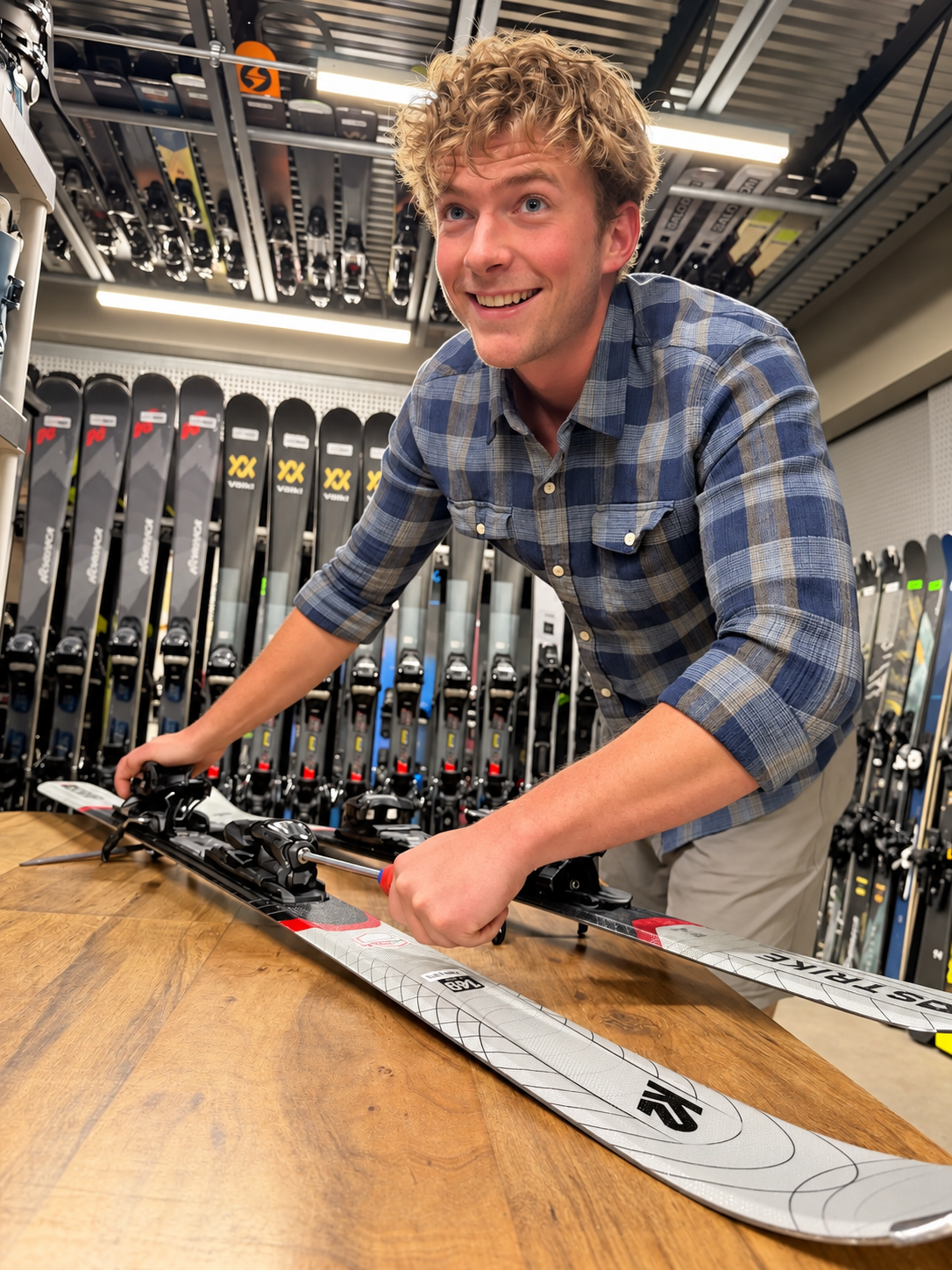 A smiling Gearonimo team member adjusting a ski binding in the shop