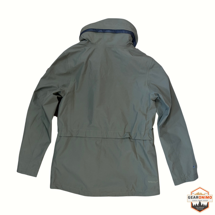 Gearonimo Sports Aigle GORE-TEX olive green parka jacket, back view showing waterproof hood and seam detailing.