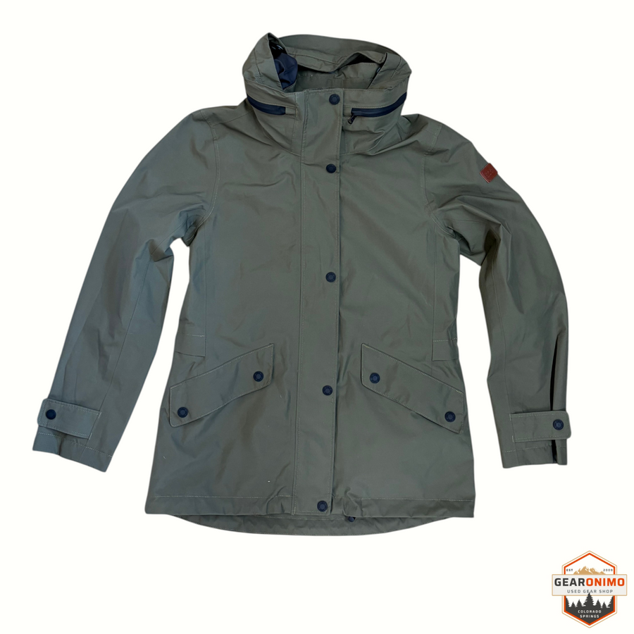 Gearonimo Sports Aigle GORE-TEX olive green waterproof parka with a high collar and button-down front closure.