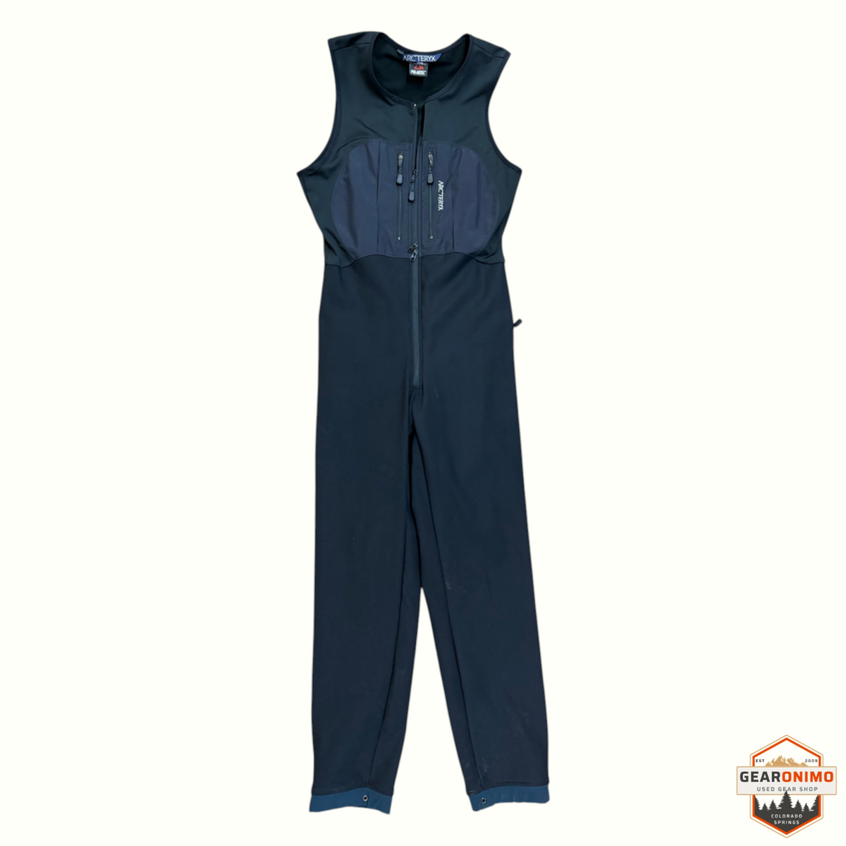 Gearonimo Sports Arc'teryx Gamma black softshell salopette with front zip pockets and sleeveless design