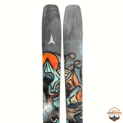 Gearonimo Sports Atomic Bent 100 skis featuring a grey base with vibrant abstract mountain and sun graphic art
