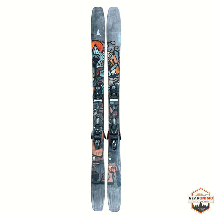 Gearonimo Sports Atomic Bent 100 skis featuring a colourful abstract graphic design on a grey background