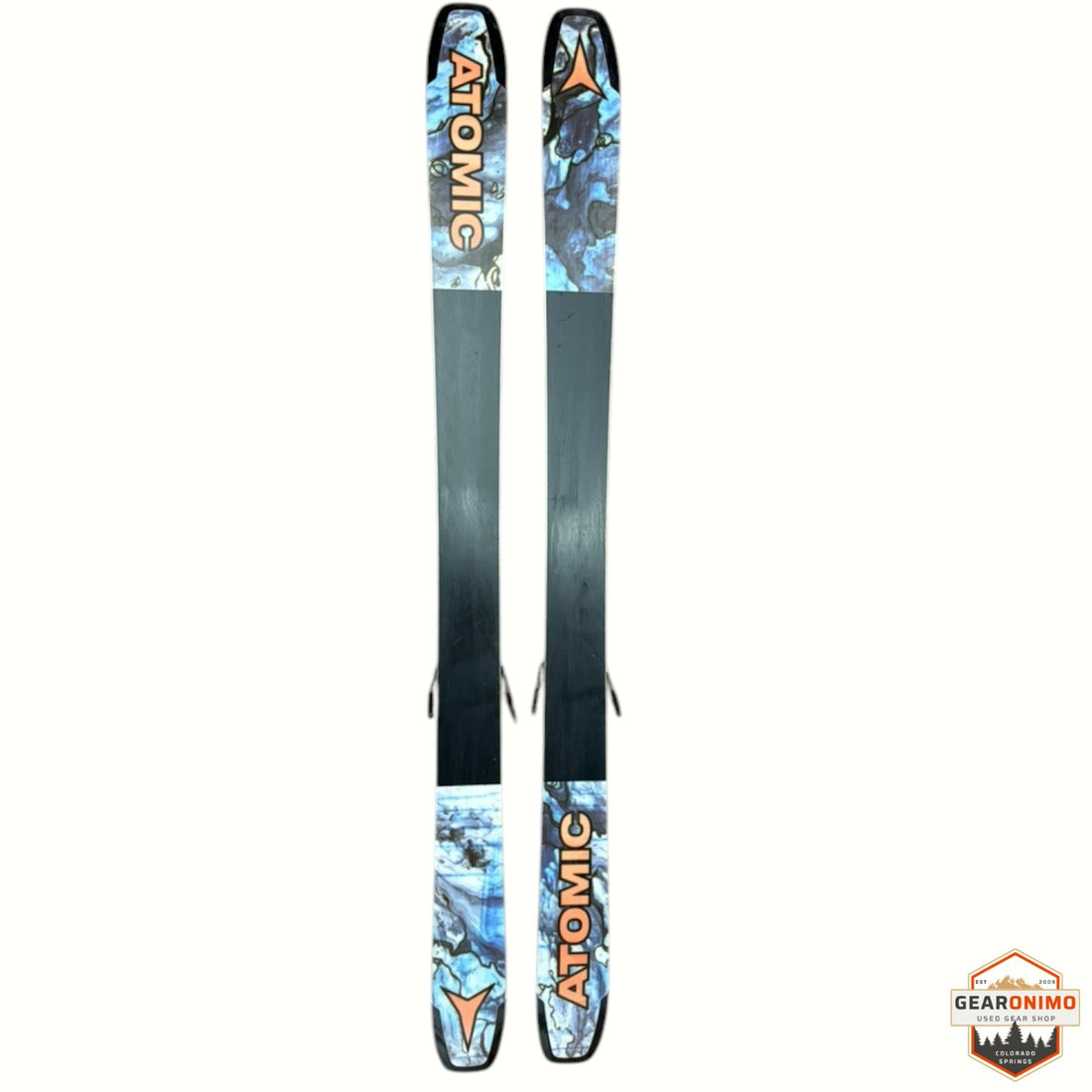 Gearonimo Sports Atomic Bent 100 skis with Strive 11 bindings, featuring a blue and black abstract graphic design.